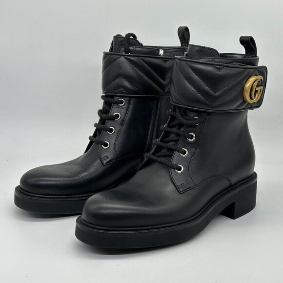 Gucci GG Logo Metalasse Leather Strap Combat Lace Up Ankle Bootie Boots - Picture 11 of 16